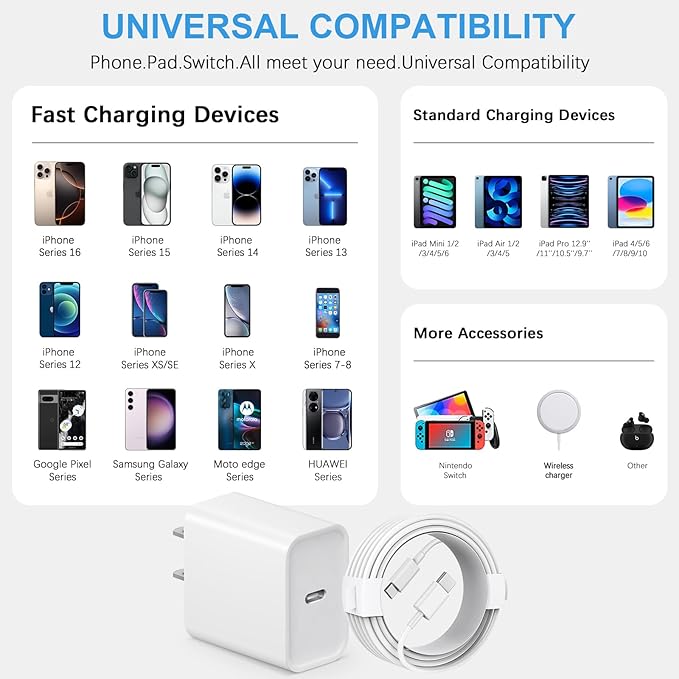 iPhone 17 16 15 Charger Fast Charging 3+3Pack Type C Charger USB C Chargers Block with 6FT Cable for iPhone Air/17/17 Plus/17 Pro/17 Pro Max/16/16 Plus/16 Pro/16 Pro Max/15/15 Pro Max/iPad Pro - Image 4