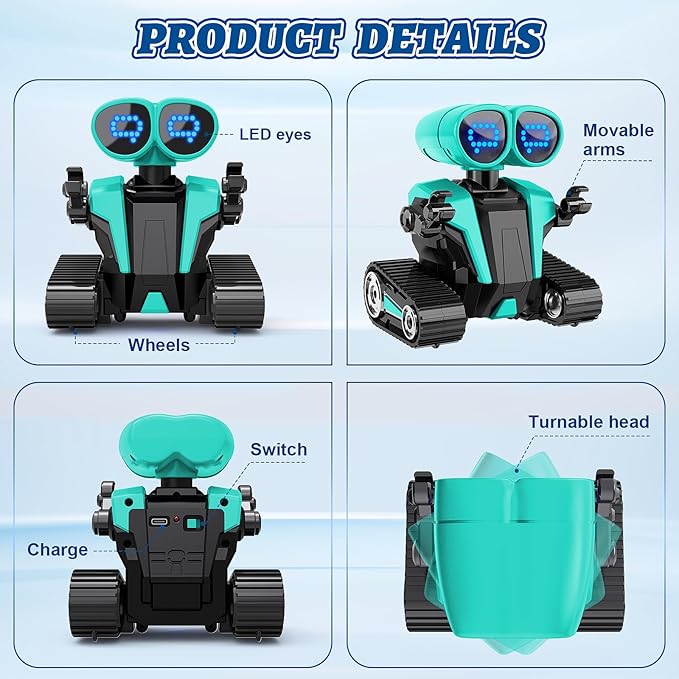 MindPal Robot Toys for Boys Girls with Auto-Demonstration Robots for Kids Remote Control Rechargeable Emo Robot with LED Eyes Age 3 Years and Up Green - Image 4