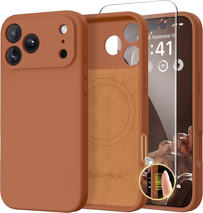 GolbinBox Magnetic for iPhone 17 Pro Max Case, Compatible with MagSafe, [Full Camera Protection] [Screen Protector], Silicone Shockproof Phone Cover with Anti-Scratch Microfiber Lining, Rose Orange by GolbinBox