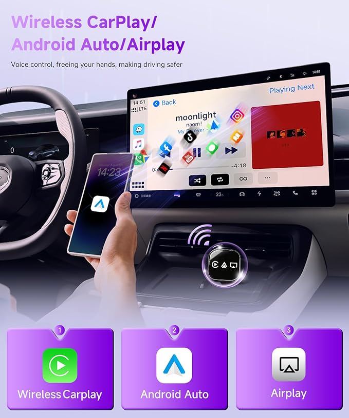 3-in-1 Mini Wireless CarPlay Adapter(2025 Upgraded)-Built-in Wired Carplay Android Auto Airplay,Plug&Play,Fast Auto-Reconnect,BT 5.0,USB/Type-C,iOS10+&Android 11+,5G WiFi(Black) - Image 3