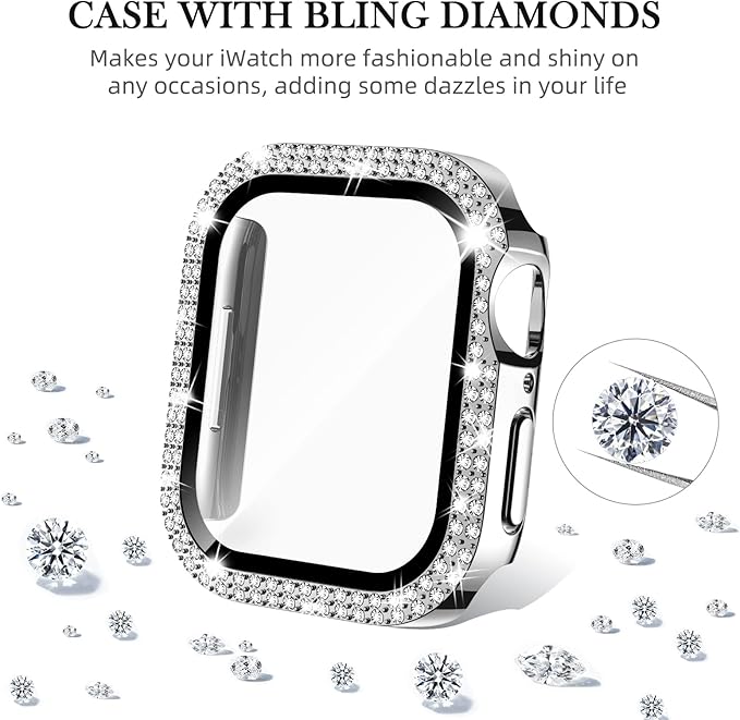 Adepoy Compatible for Apple Watch Case 44mm Series 6/5/4/SE with Tempered Glass Screen Protector, Double Bling Case Crystal Diamonds Rhinestone Bumper Overall Hard PC Protective Cover for iWatch 44mm - Image 2