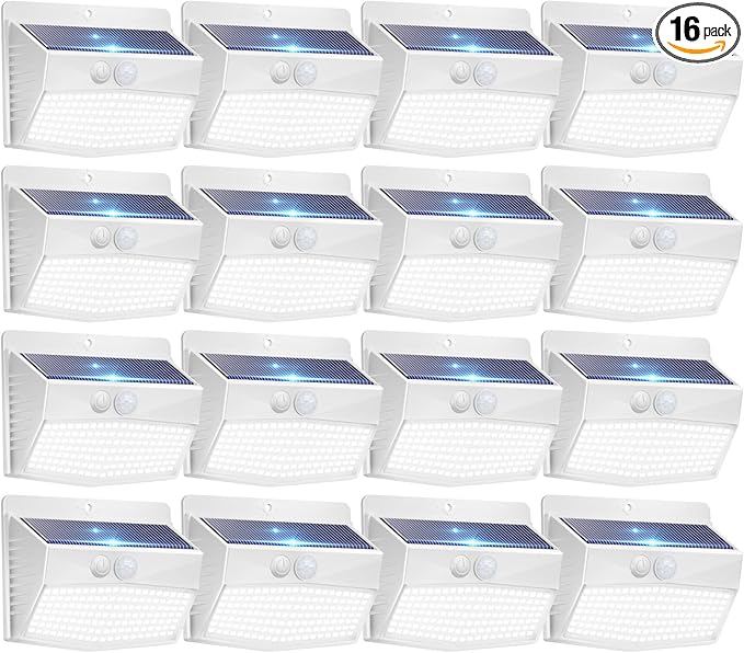 Peasur 16 Packs Solar Outdoor Lights Motion Sensor Solar Security Lights Waterproof with 3 Lighting Modes Solar Powered Wall Lights Outside for Garden Fence Yard Deck, White by Peasur