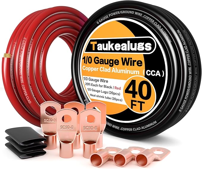 1/0 Battery Cable 0 Gauge Wire 40FT Copper Clad Aluminum Amp Wiring Kit- Automotive Power Ground Cable for Car Audio, Inverter, RV Truck with Pure Copper Lugs & Heat Shrink Tube - Black/Red by TAUKEALUGS