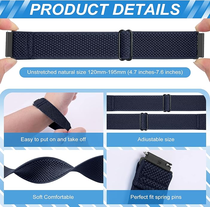 Compatible with 16mm 18mm 19mm 20mm 22mm 24mm Watch Bands Quick Release Replacement Wristband,Adjustable Stretchy Nylon Solo Loop Straps Fabric Braided Sport Elastic Bands for Men Women - Image 2