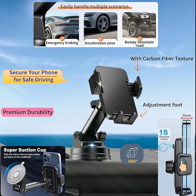 Car Phone Holder【Premium Ultra Strong & True Military Grade】With Suction Cup & Adjustable Arm For Dashboard/Windshield Car phone Mount Secure Grip【360°】Carbon Fiber Design Fits All Smartphones - Image 2