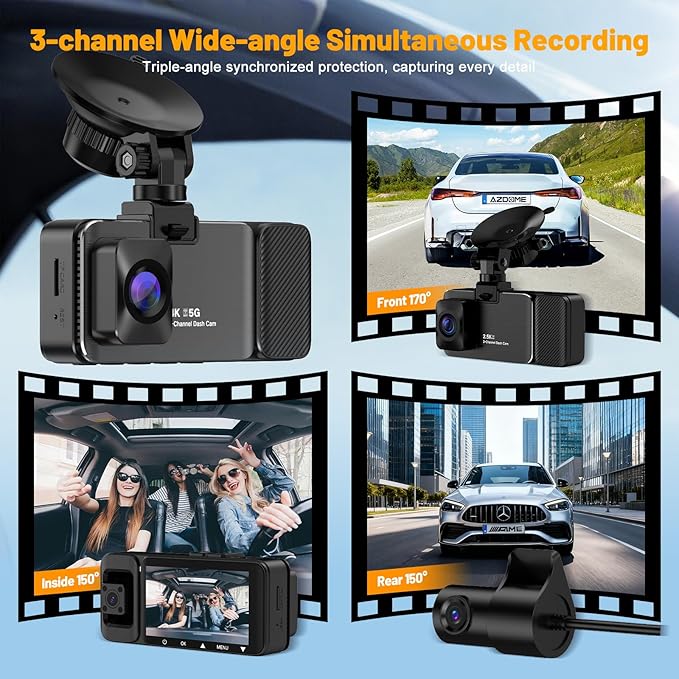 3 Channel 4K Dash Cam Front and Rear Inside, Wide-Angle 360 Camera for Car with 64GB Card Included, Durable Material Dash Camera with Loop Recording, Night Vision, G-Sensor, 5GHz WiFi, 24Hr Parking - Image 2