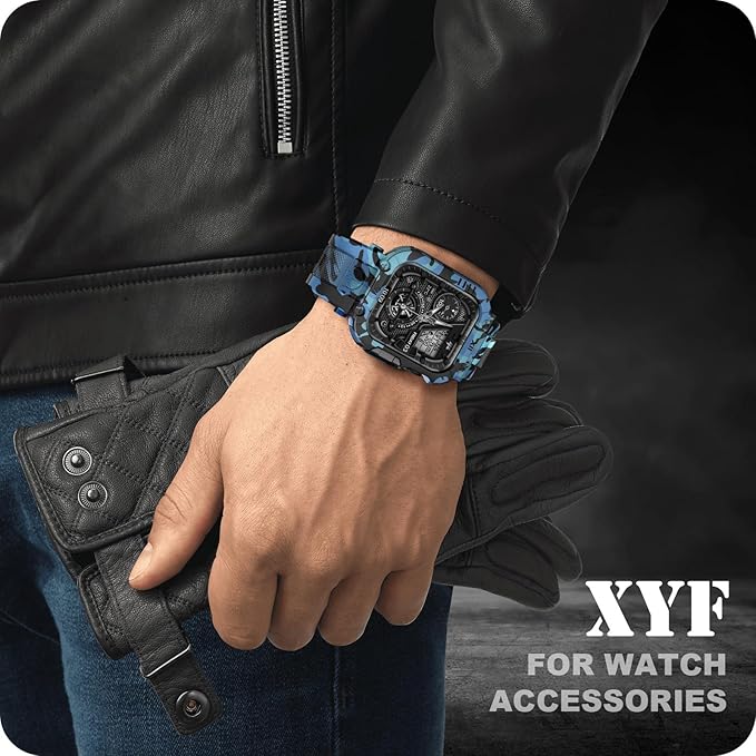 XYF Sport Smartwatch Cases with Band for Men, Rugged Shockproof Protective Metal Bumper Case,Compatible with Apple Watch 45mm 44mm Series 9/8/7/6/5/4/SE 3/2/1 Wristband (44/45mm,Camouflage/Blue) - Image 7