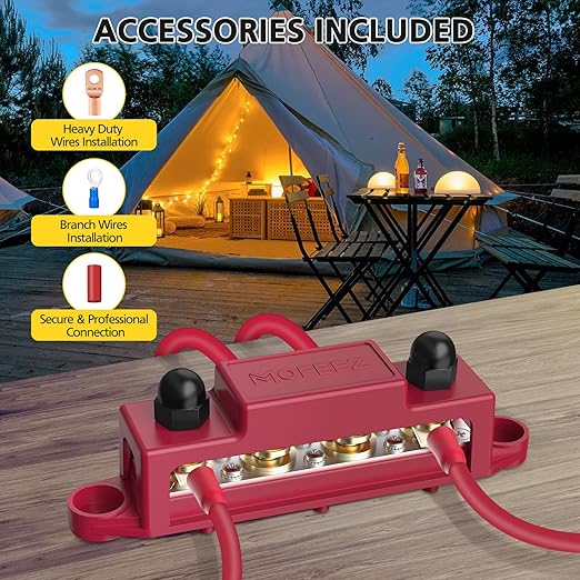 MOFEEZ Power Distribution Block Bus Bar, 4 x 3/8" Post Marine Bus Bar Battery Busbar Terminal Block with Cover, Lugs, Ring Terminals (Pair, Red & Black) - Image 5