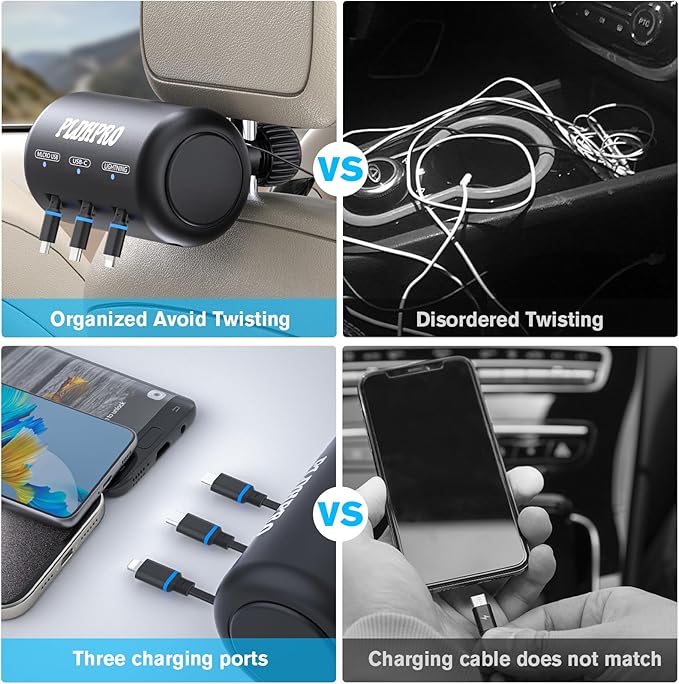 Retractable Car Backseat 3 in 1 Multi Charging Station Box with USB Type C Lightner Retractable Cables for All Phones | iPhone | Samsung | Android | Uber | Share Ride Customer Charging Dock - Image 2