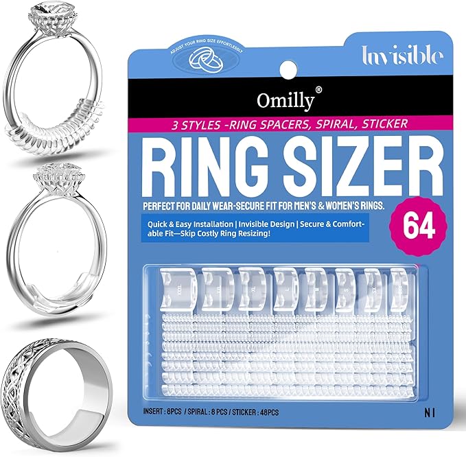 Ring Sizer Adjuster for Loose Rings, 64-Piece Set with 3 Types (Spiral Coils, Ring Guards, Sizing Strips) Fits Ring Widths 1-10mm, Invisible Resizing Solution for Women & Men by Unknown