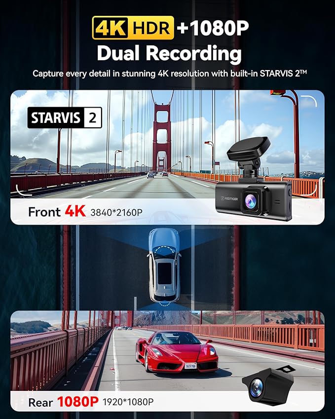 REDTIGER F7N Elite & 33FT WDR, W4K HDR Dash Cam Front and Rear, STARVIS 2 Sensor, 5.8GHz WiFi APP, 3.18" Touchscreen, Voice Control, 128G Card Included, WDR, Dash Camera for Cars with GPS - Image 3