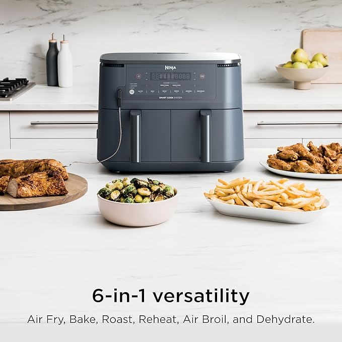 Ninja Foodi Air Fryer w/Smart Cook Thermometer | 6-in-1 Air Fry, Roast, Bake, Dehydrate & More | DualZone™ Match Cook & Smart Finish, 2 Independent Baskets | XL 10 Qt, Stainless Steel | Grey,DZ550GY - Image 2