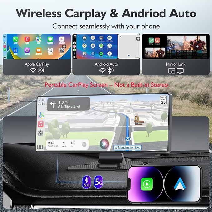 10.26" Portable Carplay Screen for Car, 4K HD Car Stereo Touch Screen with Apple CarPlay and Android Auto, 4K Dash Cam, 1080P Backup Camera, Mirror Link, Voice Control, Bluetooth, GPS, AUX/FM - Image 2