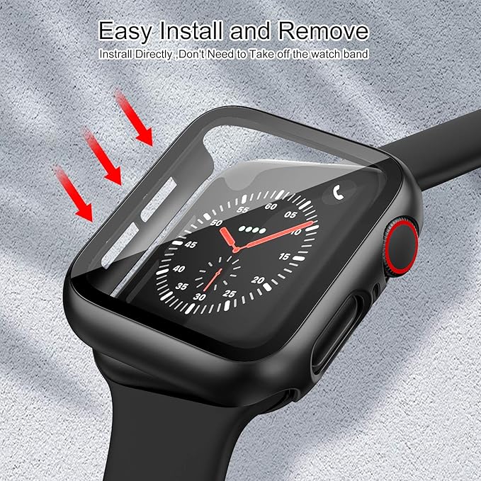 EDIMENS 2 Pack Hard PC Case Compatible with Apple Watch Series 6 / SE / 5/4 44mm Women Men, Overall PC Case Slim Tempered Glass Screen Protector Protective Cover for Apple iWatch 44mm SE Black - Image 5