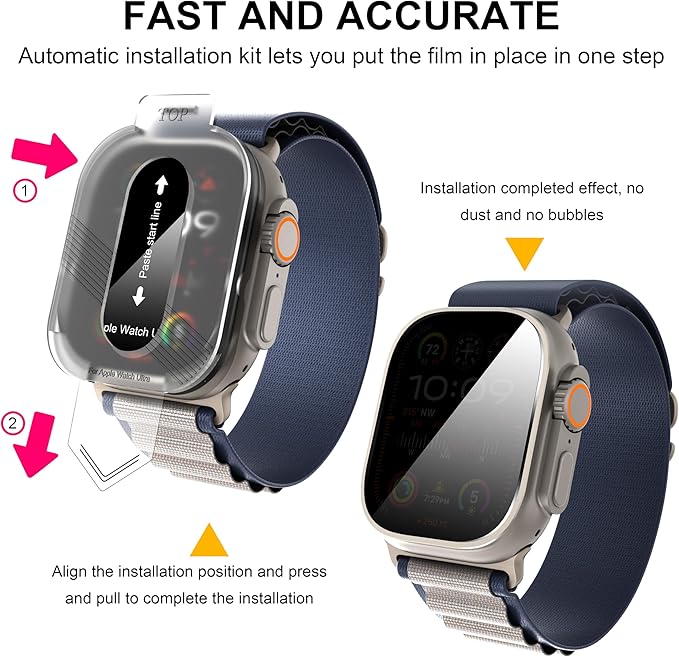 Suoman 2-Pack for Apple Watch Ultra 3/2/1 49mm Tempered Glass Privacy Screen Protector, [Anti-peeping] 9H Hardness protective film - Auto-alignment Installation Kit - Image 5