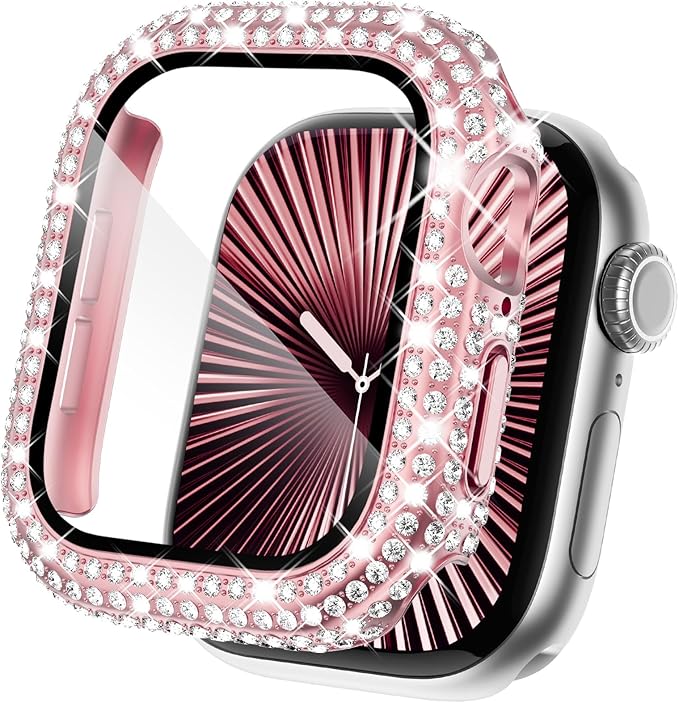 KADES Compatible with Apple Watch Series 9 8 7 with Built-in Tempered Glass Screen Protector Bling Crystal Diamond Rhinestone Full Protective Bumper Cover for Women (41mm,Pink) by KADES