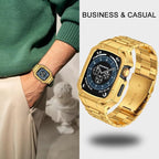 BAITEYOU Stainless Steel Watch Band with Case Compatible with Apple Watch Series 9 8 7 (45mm), Rugged Strap with Metal Protective Bumper Cover for iWatch Bands Men (Gold) - Image 5