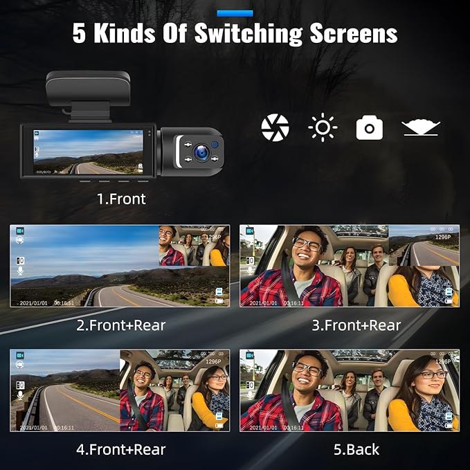 CAMECHO Dual Dash Cam 1080P Front and Inside Dash Camera for Cars 2 Channel Dashcam, 3.16" IPS Screen, IR Night Vision, Loop Recording, 24hr Parking Mode, Car Camera with 32GB TF Card Driving Recorder - Image 5