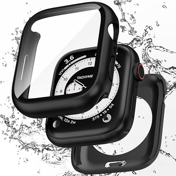2 in 1 Waterproof Case Compatible with Apple Watch 44mm Series 6/5/4/SE with Tempered Glass Screen Protector, Full Coverage Bumper Cover for iWatch Case 44mm Black by Zumyzu