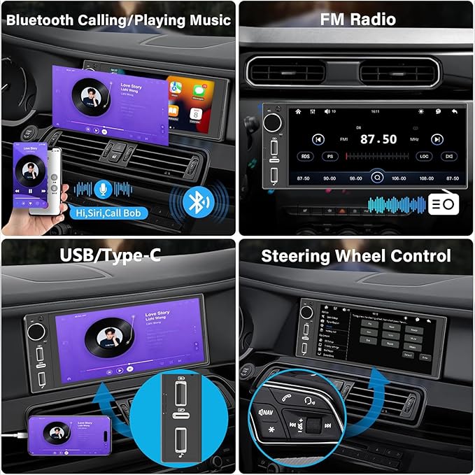 6" Single DIN Car Stereo, Apple CarPlay & Android Auto, IPS Touchscreen, Bluetooth Hands-Free, Mirror Link, HD Waterproof Backup Camera, FM/AM Radio, USB/Type-C, 10-Band EQ Multimedia Receiver - Image 3