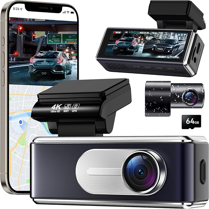 Dash Cam Front Rear,4K HD Dual Dash Camera for Cars,Included 64GB Card,Built-in Wi-Fi GPS 5G,170°Wide Angle,3.2" IPS Screen,Night Vision,Loop Recording,HDR,App Control,24H Parking Mode by HFWHOK