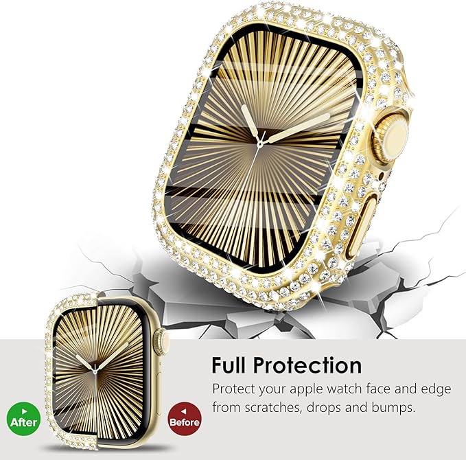 KADES Compatible with Apple Watch Series 9 8 7 with Built-in Tempered Glass Screen Protector Bling Crystal Diamond Rhinestone Full Protective Bumper Cover for Women (41mm,Gold) - Image 5