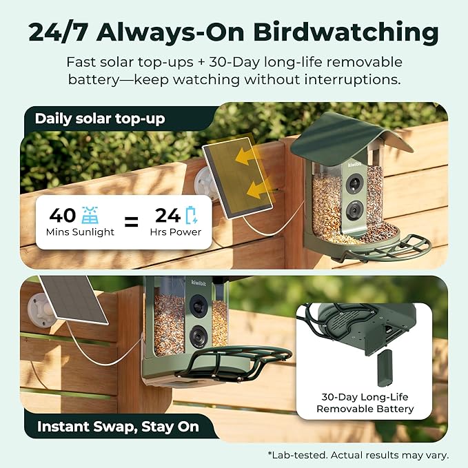 Smart Bird Feeder 4K AI Camera with Solar Panel for Outdoors, Bird Species Identification, 8MP Photos, 4K Video Livestream, Real-Time Bird Alerts, Birdwatching Gifts for Bird Lovers, Sage Pine - Image 3
