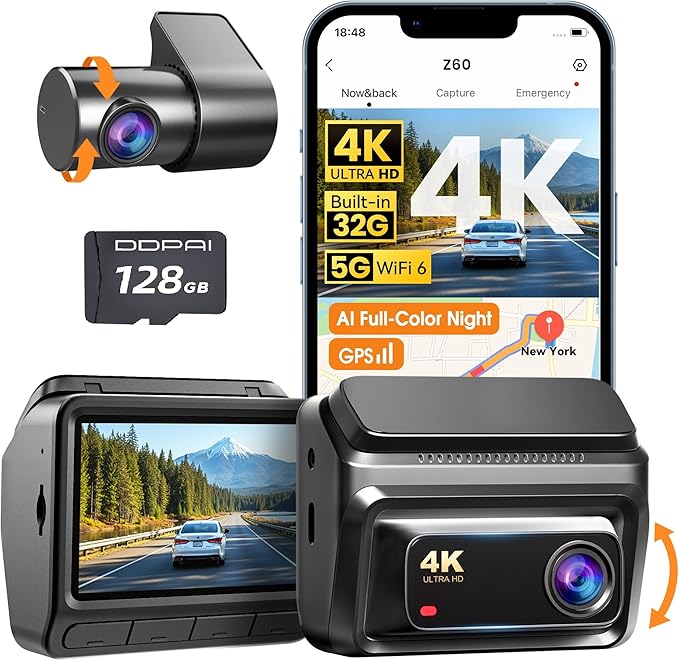 DDPAI 4K Dash Cam Front and Rear, Built-in 32G eMMC Dual Dash Camera for Cars, 128GB Card Included Dashcam,GPS, Night Vision,5G WiFi, 7-Days Parking Mode, 3" IPS, ADAS, WDR, Support 512GB, Z60 by ddpai