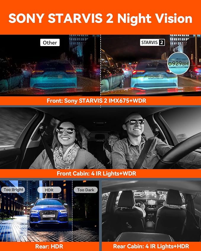Vantrue N5 4 Channel WiFi 360° All Sides Dash Cam, STARVIS 2, IR Night Vision, 2.7K+1080P*3 Front Rear Inside Dashcam, Voice Control, GPS, 24 Hours Buffered Parking Mode Dash Camera(Renewed) - Image 3