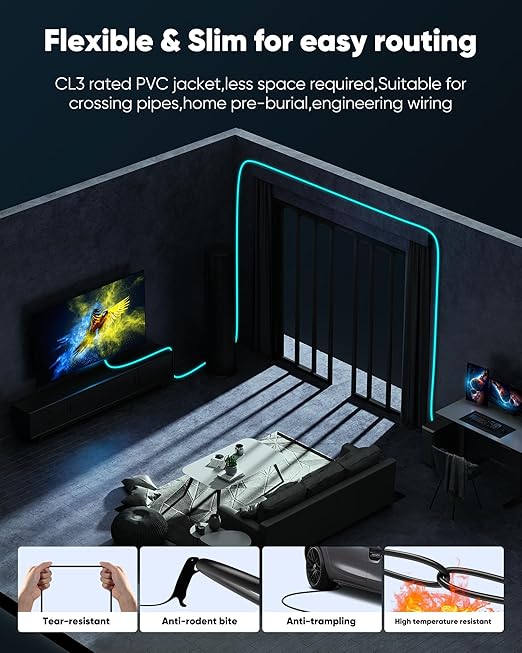 Highwings HDMI 2.1 Cable, 10K 8K 4K 240Hz 144Hz 120Hz HDMI 2.1 Cord Ultra High Speed 48Gbps, Durable, Flexible, eARC for Soundbar to TV, 0.01ms HDR10+ HDCP2.3 Roku TV PC Monitor Projector PS5 Xbox - Image 4