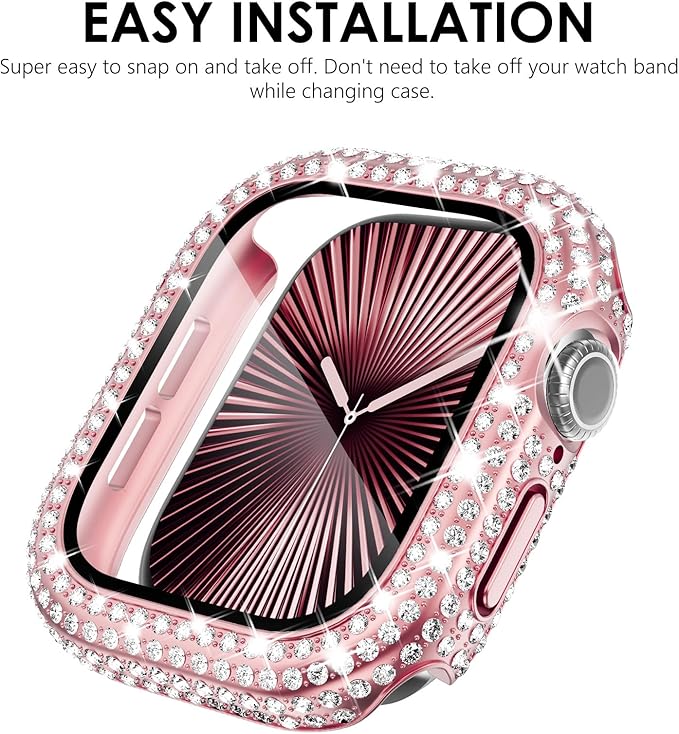 KADES Compatible with Apple Watch Series 9 8 7 with Built-in Tempered Glass Screen Protector Bling Crystal Diamond Rhinestone Full Protective Bumper Cover for Women (41mm,Pink) - Image 6