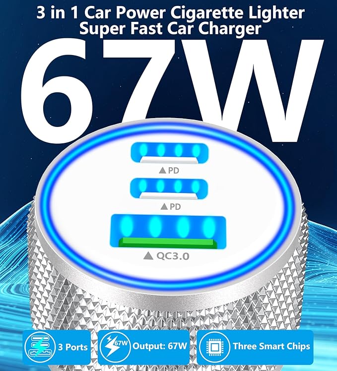[Apple MFi Certified] iPhone 17 Car Charger, Rombica 3-Port 67W Dual USB-C&USB-A Car Power Cigarette Lighter PD/QC Type-C Fast Car Charger with Type-C Cable for iPhone 17/17 Pro Max/16 Pro/15 Pro/iPad - Image 2