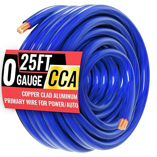 0 Gauge Wire 25FT Blue Copper Clad Aluminum CCA 1/0 Battery Cable, Primary Power/Ground Cable for Car Audio Speaker, RV Trailer, Amp, Inverter RV Truck, Marine, Solar Equipment, Translucent Jacket by energeaster