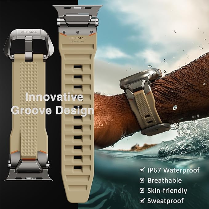 ULTIMAL Rugged Band for Apple Watch Ultra 3/2/1 49mm, Series 11/10/9/8/7/6/5/4 SE 46mm/45mm/44mm, Waterproof, Soft TPU Strap with Stainless Steel Buckle & Connectors, Sweat-Resistant, Easy to Clean, Fits 155-225mm Wrist (Beige) - Image 6