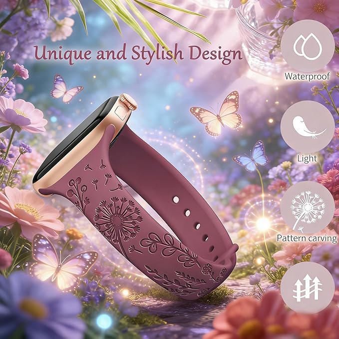 AMSKY 6 Pack Slim Floral Engraved Bands Compatible with Apple Watch Band 40mm 41mm 42mm 38mm 44mm 45mm 46mm 49mm for Women,Cute Silicone Sport Strap for iWatch Series 11 10 Ultra 9 8 7 6 5 4 3 2 1 SE - Image 2