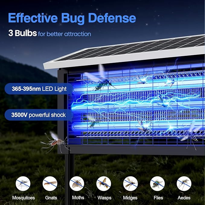 Solar Bug Zapper Outdoor, 30W Large Mosquito Zapper, Electric Mosquito Killer Outdoor, Waterproof & Portable Fly Killer, Rechargeable Flying Insect Trap for Patio, Yard, Garden, Home, Camping, Black - Image 2