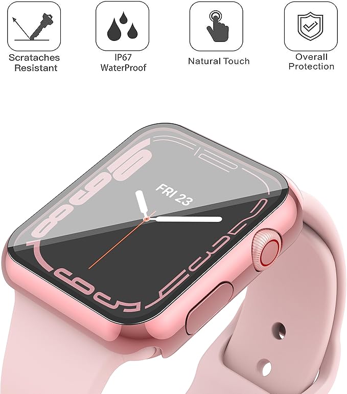 Misxi [2 Pack Waterproof Case with Button for Apple Watch Series 9 (2023) Series 8 Series 7 41mm, Hard PC Cover with Tempered Glass Screen Protector for iWatch, 1 Rose Pink + 1 Transparent - Image 4