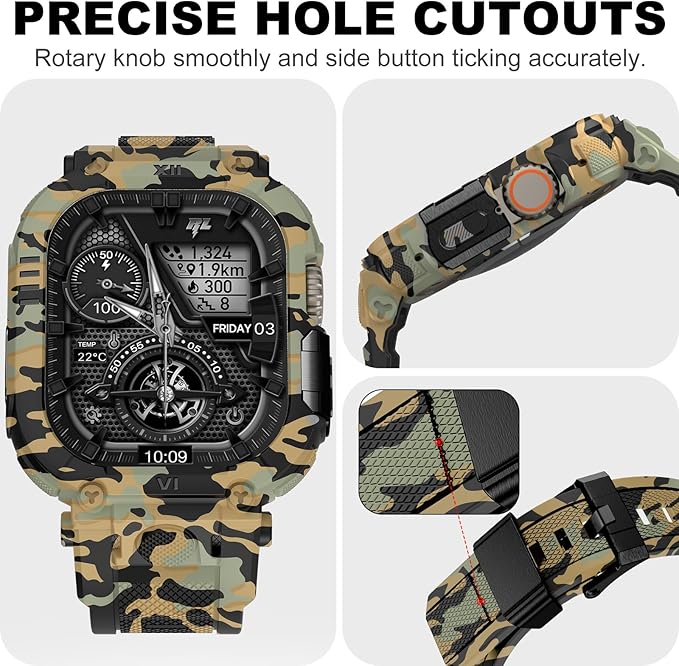 XYF Sport Smartwatch Cases with Band for Men, Rugged Shockproof Protective Metal Bumper Case,Compatible with Apple Watch Ultra 3/2/1 (49mm) Wristband with Screen Protector (49mm,Camouflage/Tan) - Image 4
