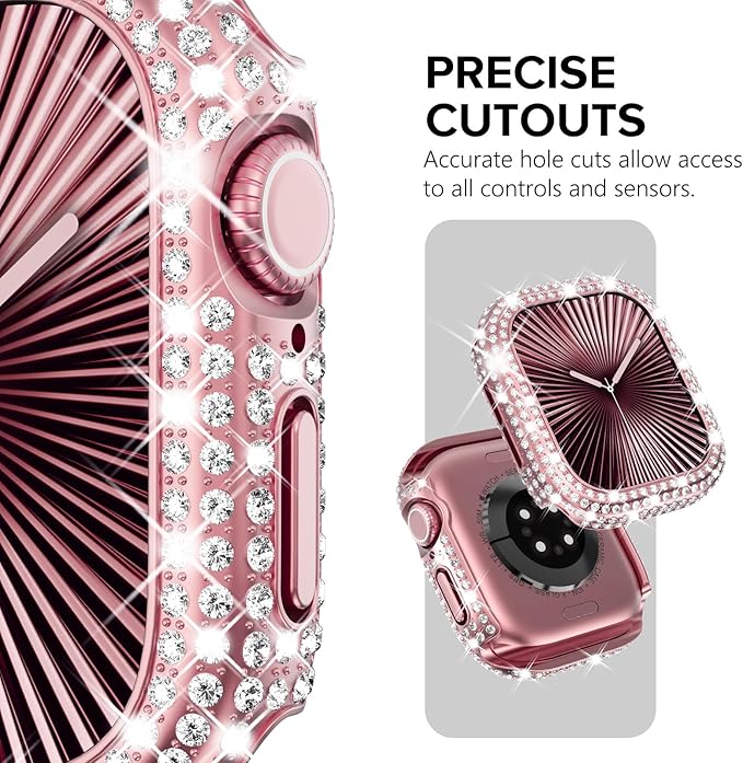 KADES Bling Case Compatible for Apple Watch Series 9/8/7 41mm, Sparkly Full Diamond Protective PC Bumper Cover, Rhinestone Frame for Women, 41mm-Pink - Image 3