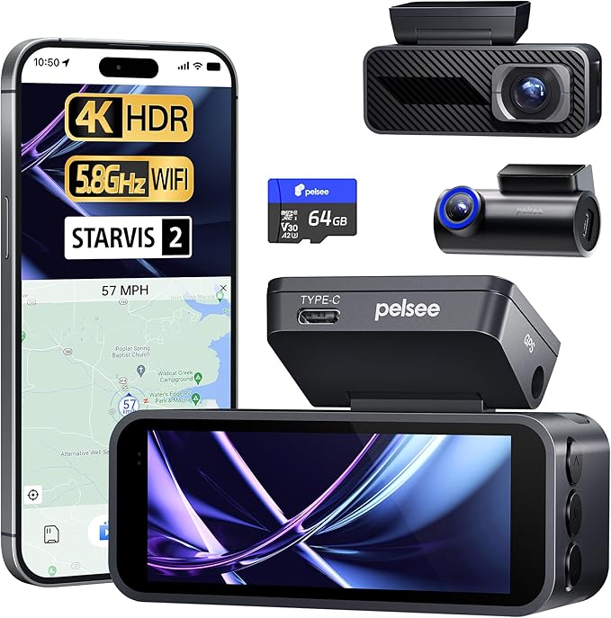 Pelsee P1 Pro 4K Dash Cam Front and Rear, STARVIS 2 Sensor, 64GB Card, Dual Dash Camera for Cars with Full-Color Night Vision, HDR WDR, ADAS, GPS, WiFi & Voice Control, 24H Parking Mode, 3.39" Screen by pelsee