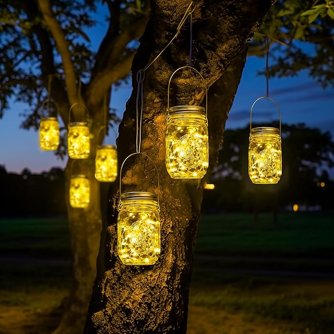 GIGALUMI Solar Mason Jar Lights, 8 Pack 30 Led String Fairy Lights Garden Lights Outdoor Waterproof Metal Lid Hanging Solar Lanterns for Outdoor, Garden, Patio, Lawn, Balcony Decoration - Image 3