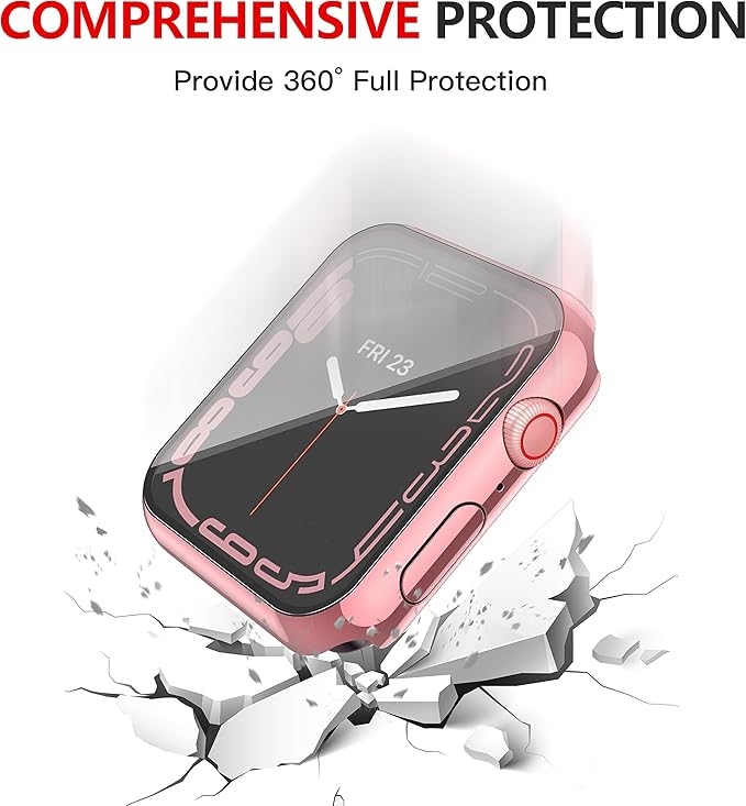 Misxi [2 Pack Waterproof Case with Button for Apple Watch Series 9 (2023) Series 8 Series 7 41mm, Hard PC Cover with Tempered Glass Screen Protector for iWatch, 1 Rose Pink + 1 Transparent - Image 8