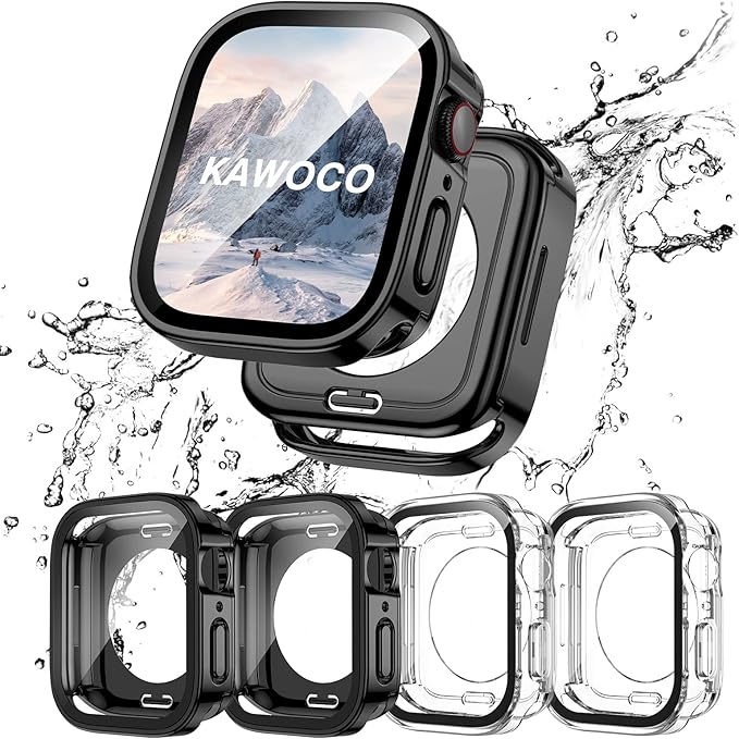 4 Pack Compatible with Apple Watch Waterproof Case 40mm Series 6/5/4/SE with Tempered Glass Screen Protector, 2 in 1 Full Coverage Bumper Protective Cover for iWatch Accessories 40 mm by Kawoco