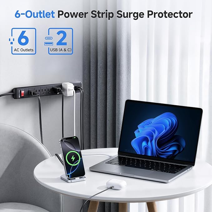 [ETL Listed] Cable Matters 2-Pack 6-Outlet Surge Protector Power Strip with USB C and USB Ports - 8ft Extension Cord, Surge Protector with USBC with 3.4A Total Charging Output, Black - Image 2