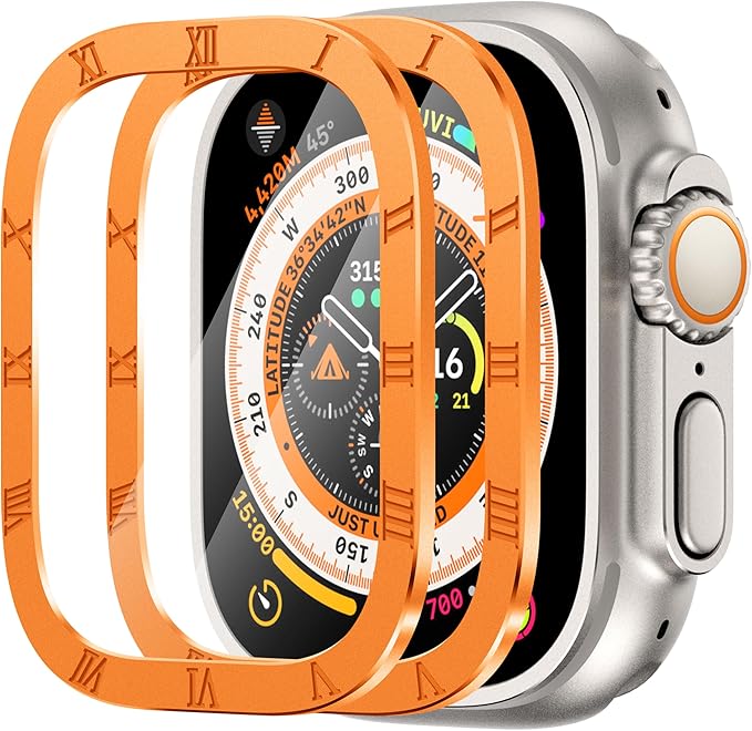 SWUU 2 Pack Tempered Glass Screen Protector with Titanium Alloy Frame Compatible with Apple Watch Ultra 3 / Ultra 2 / Ultra Screen Protector 49mm, Waterproof HD Film for iWatch Ultra S4 Orange by SWUU