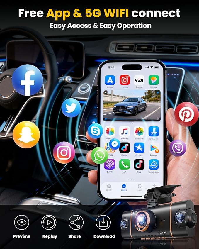 4K+1080P*3 FHD Dash Cam, 5GHz WiFi & App Control, 4 Channel 360° Car Camera Front Rear Inside & Left Right, G-Sensor, 8 IR Lamps Night Vision, 24H Parking Mode, Loop Recording, Includes 64GB SD Card - Image 5