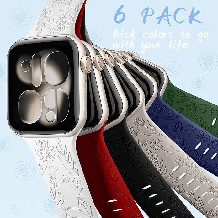 SNBLK 6 Pack Floral Engraved Bands Compatible with Apple Watch Bands 40mm 41mm 42mm 38mm 44mm 45mm 46mm 49mm Women Men, Silicone Flower Pattern Strap for iWatch Series 11 10 Se Ultra 9 8 7 6 5 4 3 2 1 - Image 9