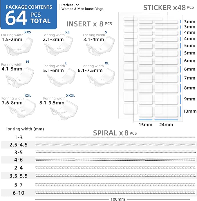 Ring Sizer Adjuster for Loose Rings, 64-Piece Set with 3 Types (Spiral Coils, Ring Guards, Sizing Strips) Fits Ring Widths 1-10mm, Invisible Resizing Solution for Women & Men - Image 3