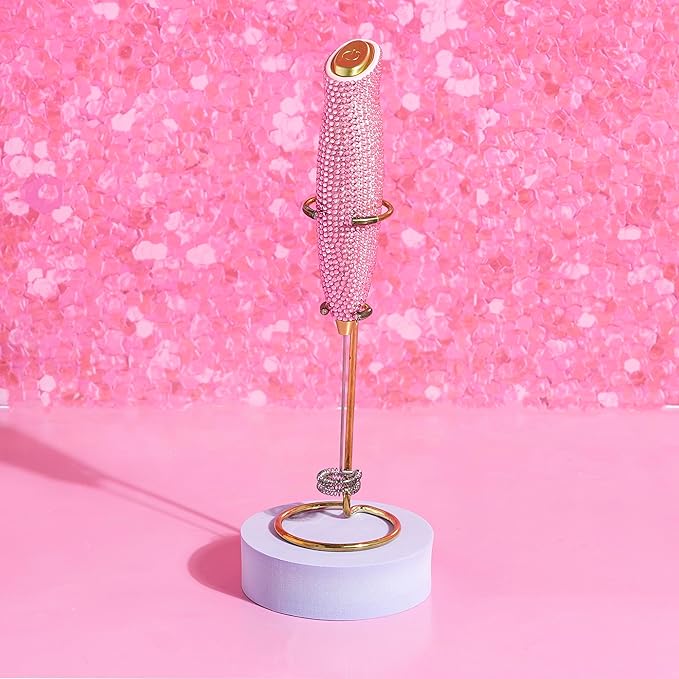 Paris Hilton Electric Rhinestone Handheld Milk Frother with Double Coil Head Whisk and Gold Metal Stand, Battery Powered (2 AA Batteries Required but Not Included), Pink - Image 7
