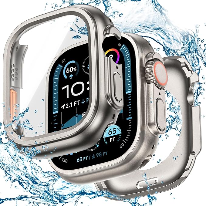 3 in 1 Goton Waterproof Hard Case for Apple Watch Screen Protector 49mm, 360° Slim Full Protective Tempered Glass Face Cover + Back Hard PC Bumper for iWatch Ultra 3/Ultra 2/Ultra, 49mm Titanium by Goton